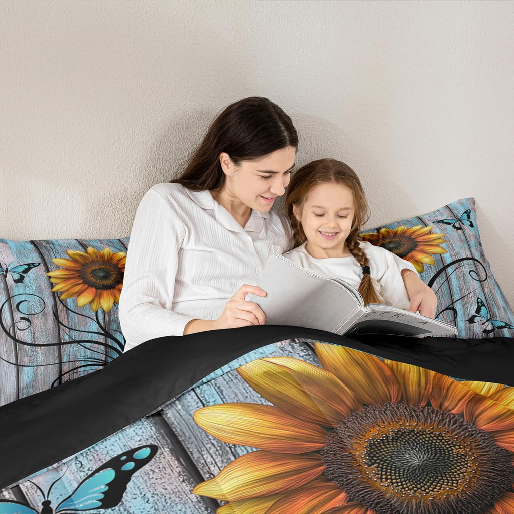 Yellow Sunflower Comforter Set, Butterfly Bedding Set Rustic Farmhouse