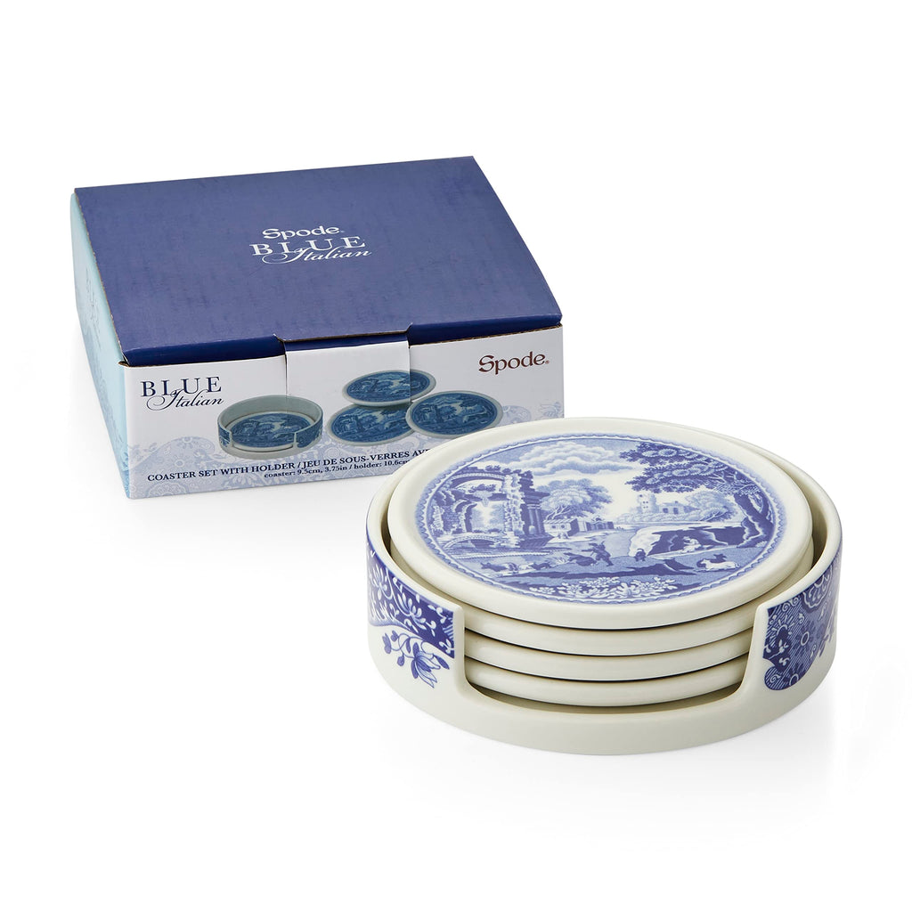 Blue Italian Ceramic Coaster Set, 4 Piece, with Holder