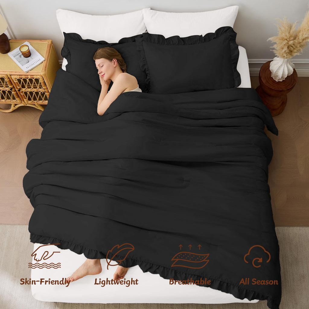 Comforter Sets, Ruffle Bedding Set, 3 Piece Bed Set, Black