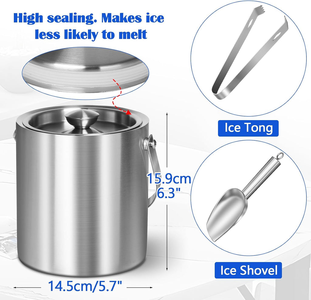 Ice Bucket with Lid & Tong- Well Made Insulated Stainless Steel Keep Ice Frozen Longer
