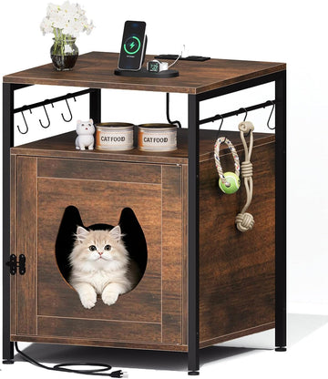 Cat Litter Box Furniture Enclosure, Nightstand with Power Outlet