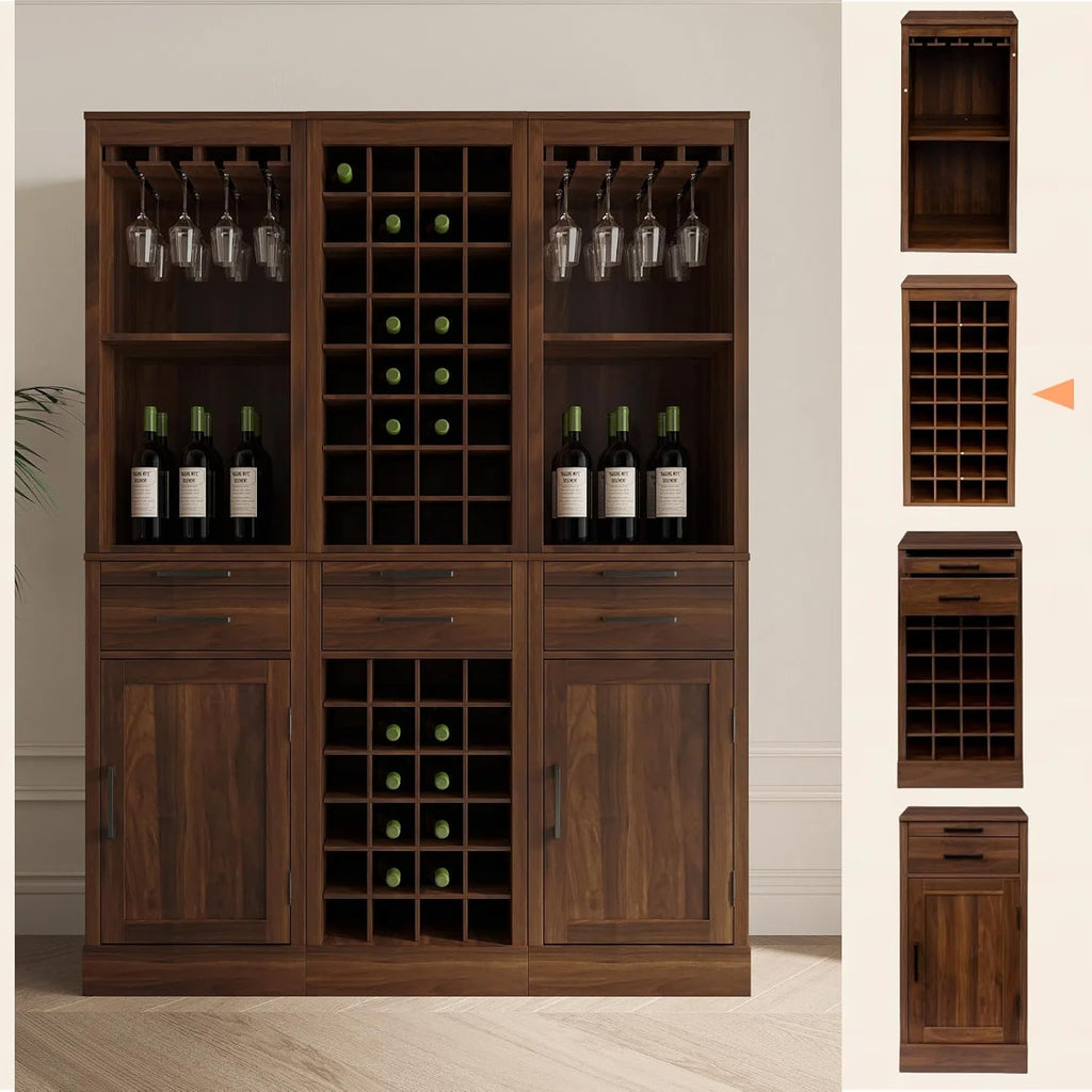 8-Tier Freestanding Wine Rack Wood, 32 Bottles Wine Rack Counter for Small Space, Farmhouse Stackable Modular Wine