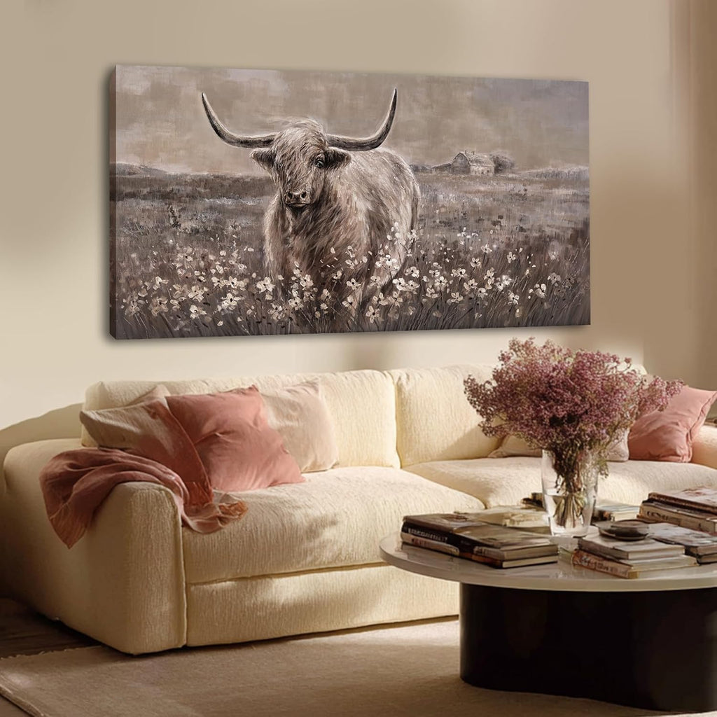 Beige and Brown Highland Cow Canvas Wall Art - Inch Framed Large Painting for Rustic Farmhouse Living Room