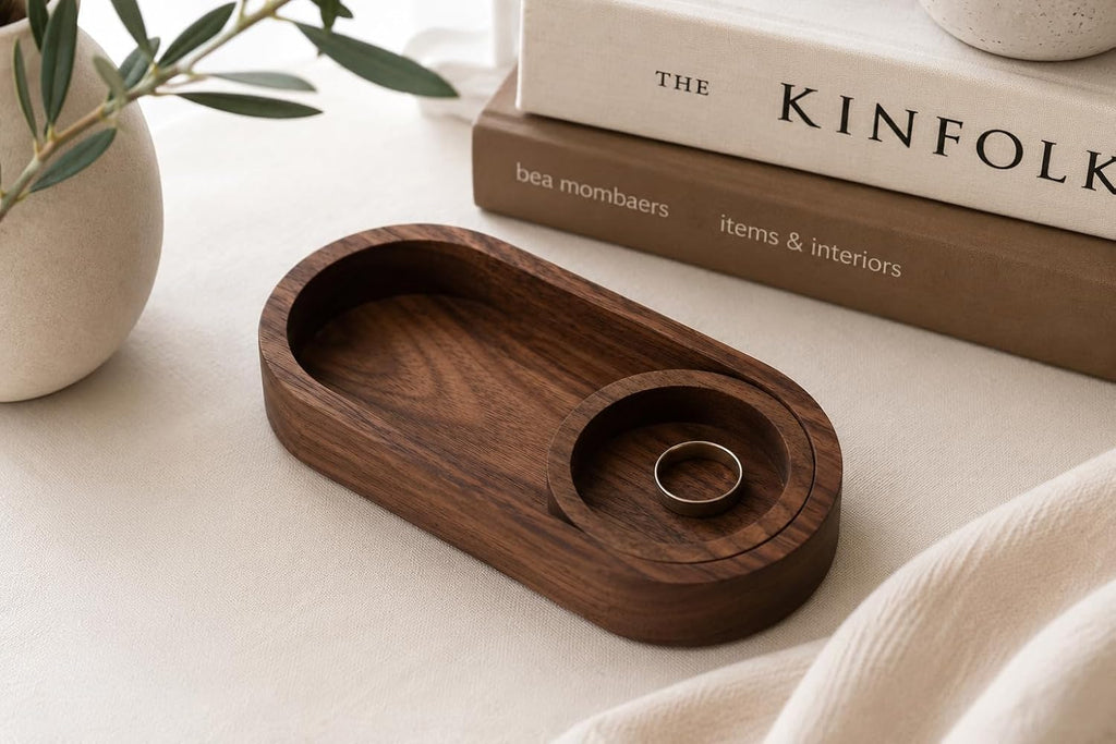 Black Walnut Oval Tray with Removable Round Dish - Solid Wood Jewelry Organizer, Ring Holder, Desk Valet, Minimalist