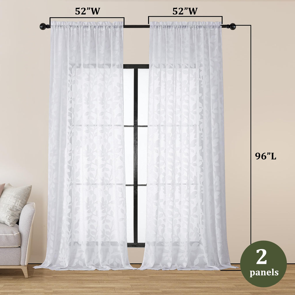 White Sheer Curtains 96 inches Long 2 Panels, Jacquard Clip Leaf Pattern Textured Light Filtering Window Semi Sheer