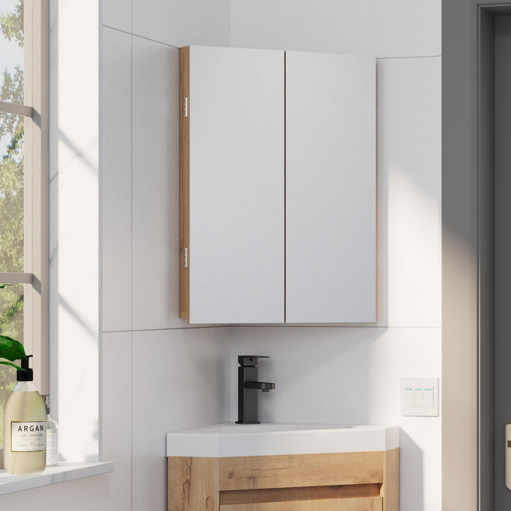 24" Bathroom Corner Medicine Cabinet W/Mirror, Double Doors Bathroom Nature Wall Mount Mirror Cabinet, Hanging Triple