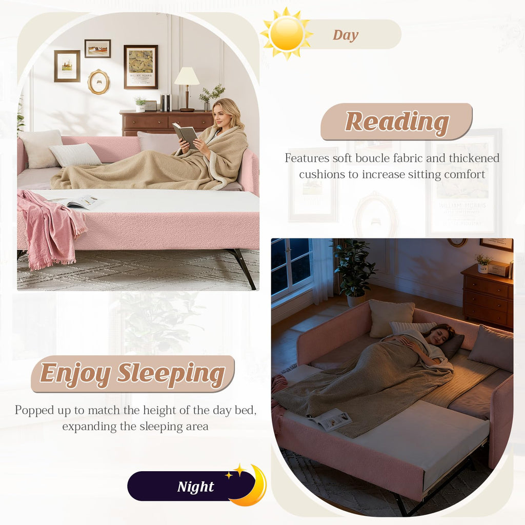 Full Size Daybed, Upholstered Boucle Fabric Day Bed Frame with Twin Roll-Out Trundle and Wood Slats Support, No Box