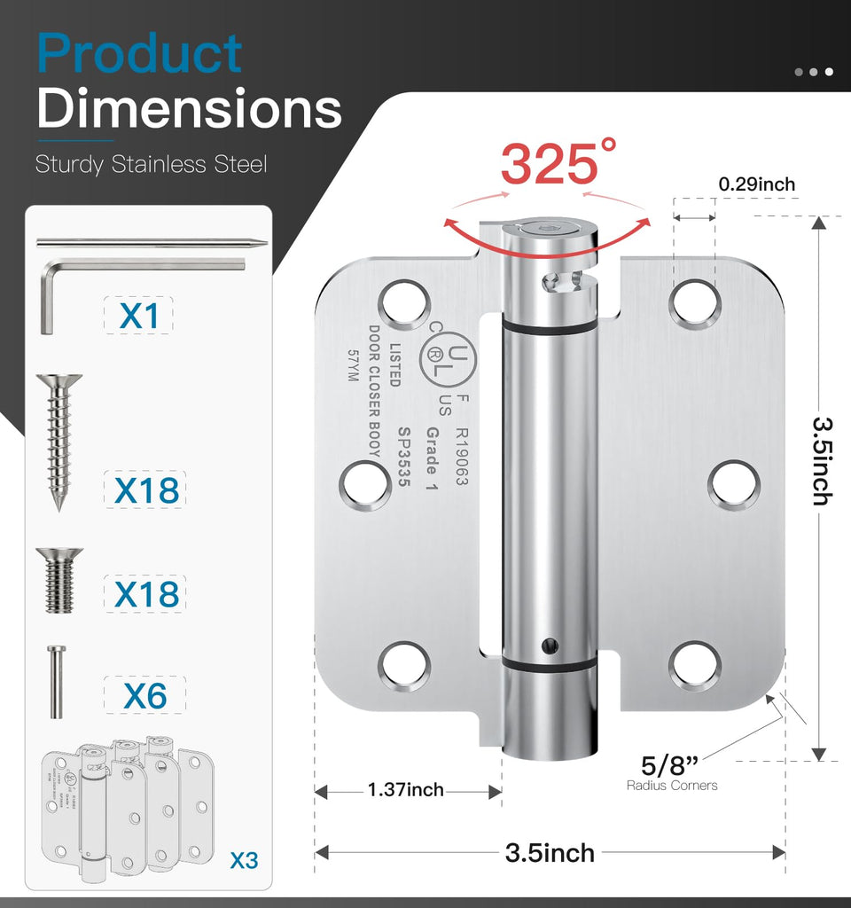 3-Pack Self Closing Door Hinges, 3.5 Inch Spring Loaded Door Hinges