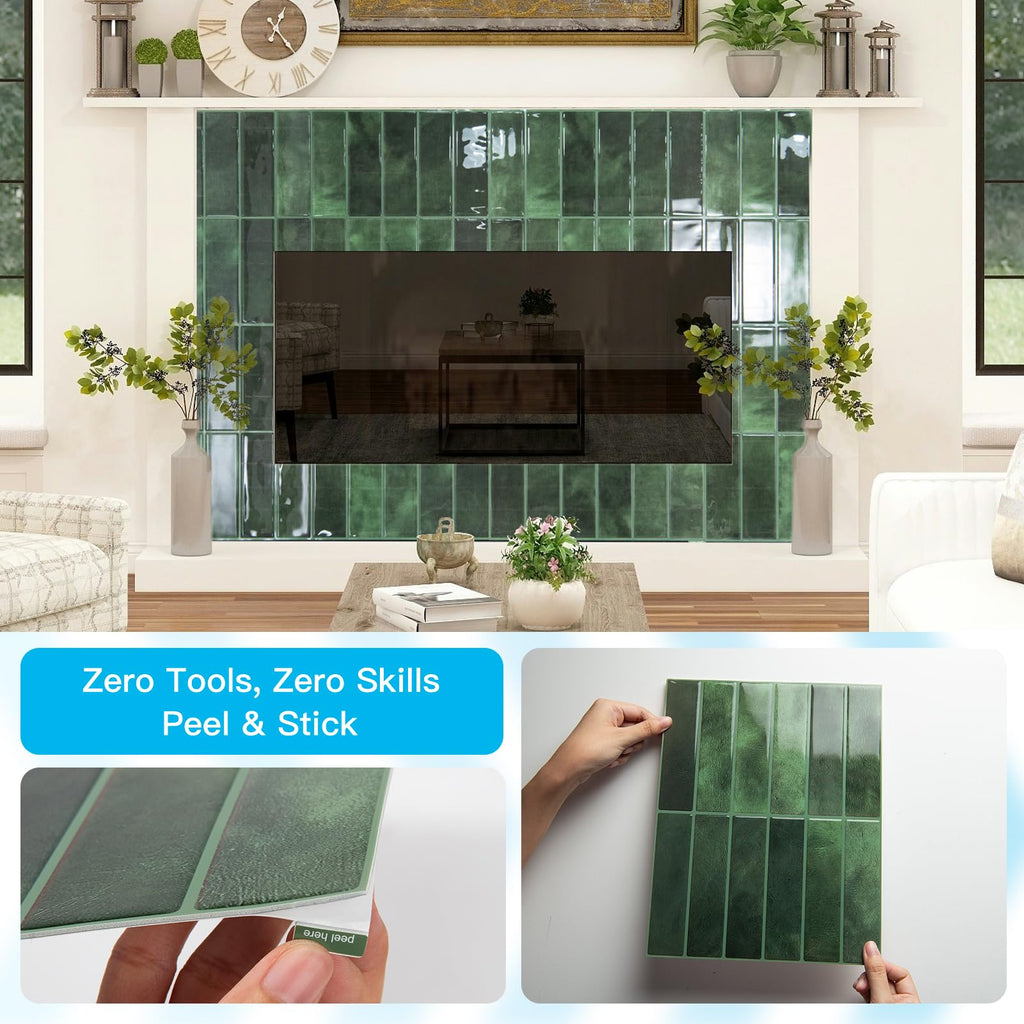 Subway Tile Peel and Stick Backsplash, 10-Pack, 11.4" x 9", Green