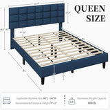 Upholstered Bed Frame, Modern Queen Bed Platform with Square Stitched&Button Tufting Headboard Height Adjustable