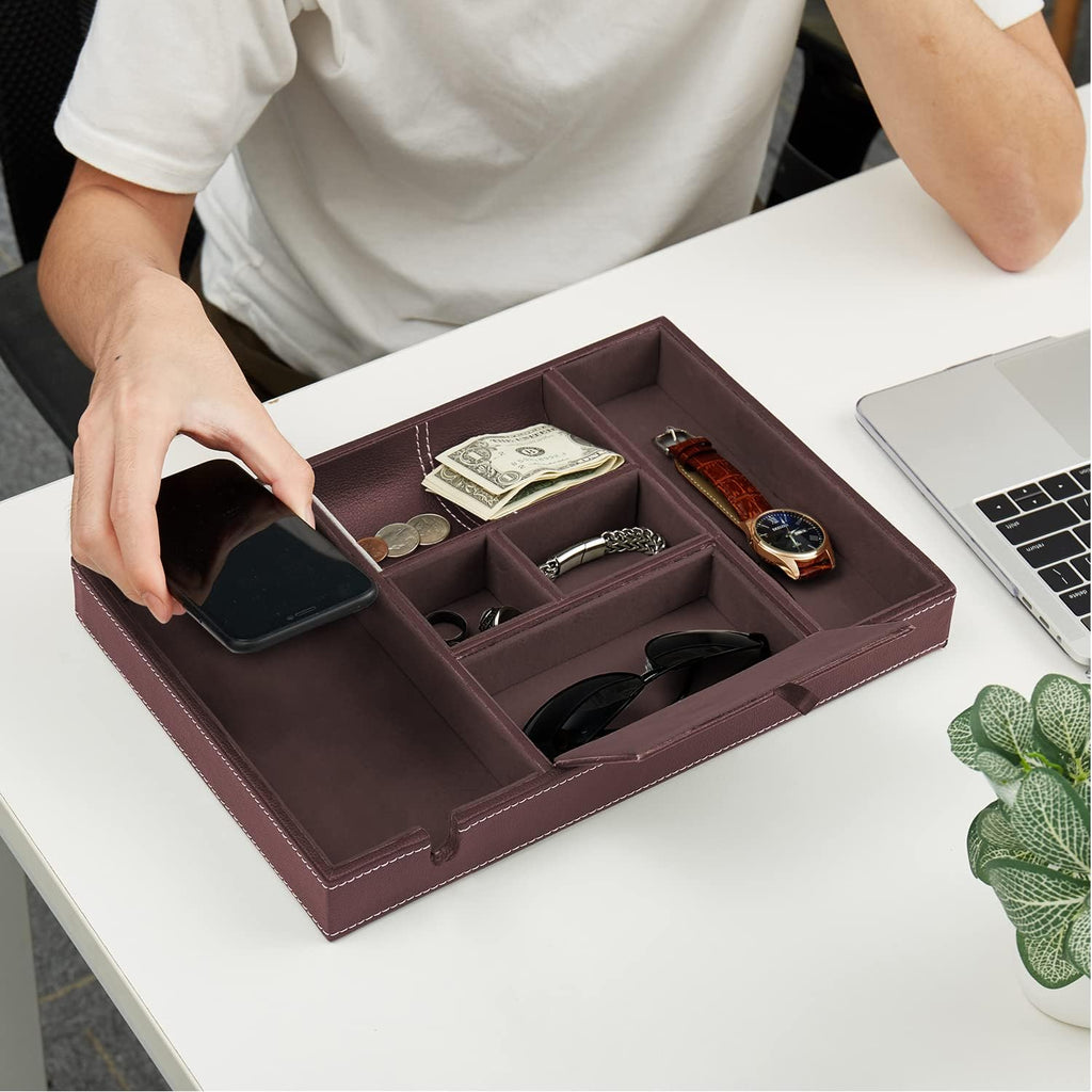 Mens Nightstand Organizer, Leather Valet Tray for Men, EDC Catchall Tray with Phone Charging Station, Dresser Top
