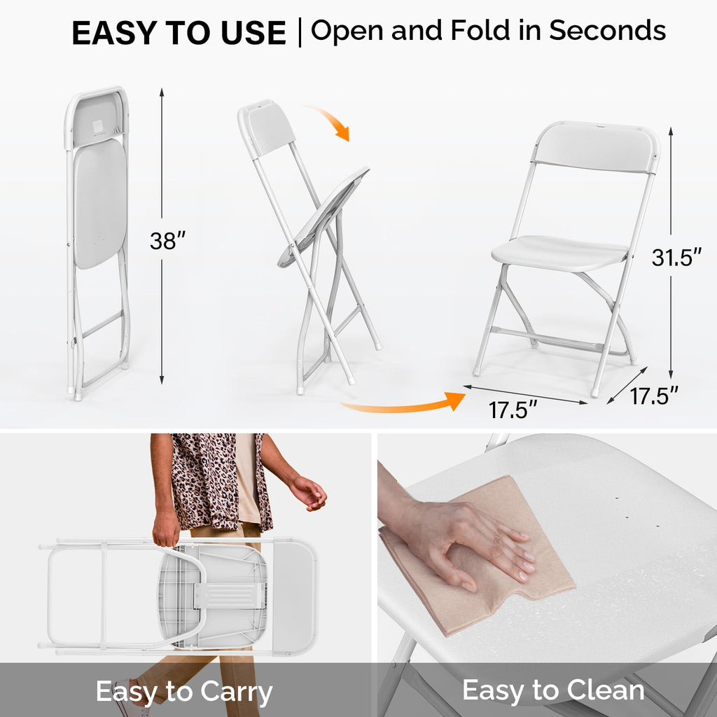 4 Pack White Plastic Folding Chair, Indoor Outdoor Portable Stackable Commercial Seat with Steel Frame 350lb.