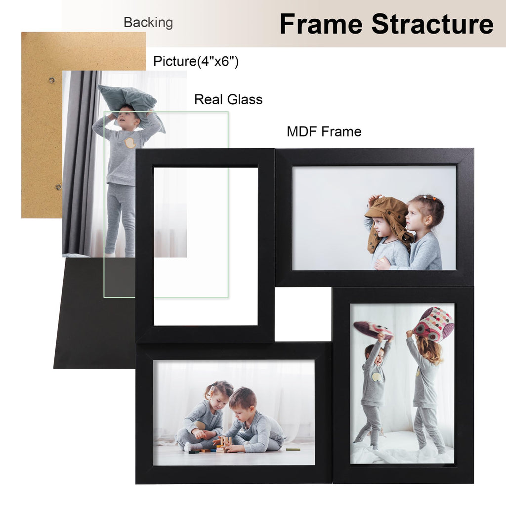 4x6 Picture Frames Collage 1 Pack, 4 Opening Multi Family Photo Collage Frames with Real Glass for Wall Hanging or