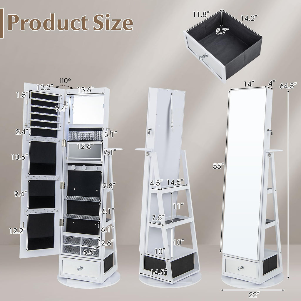 Jewelry Armoire with Full Length Mirror, 360° Lockable Jewelry Organizer W/ 6 LEDs, Rear Storage Shelves, Large