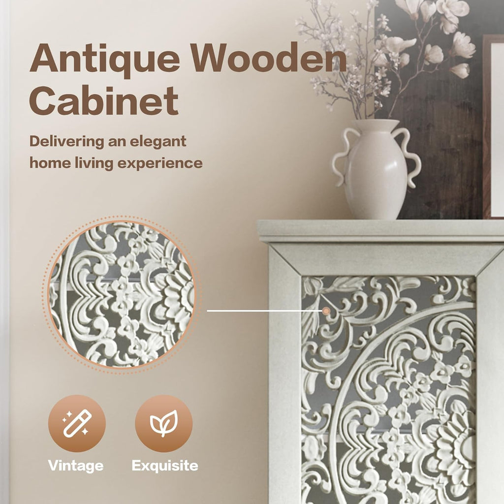 55'' Tall Storage Cabinet with Drawer, Decorative 2-Door Carved Wood Accent Cabinet with Solid Wood Legs