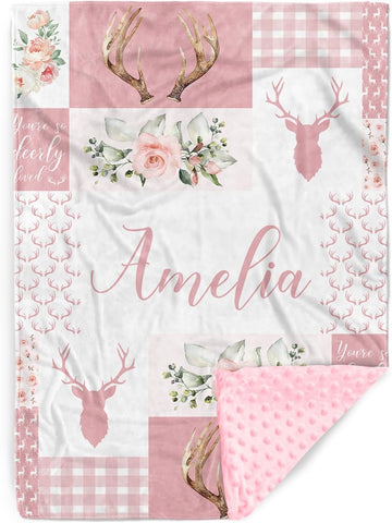 Blankets with Name - Custom Baby Girl Blanket with Pink Antlers Plaid Pattern - Soft Minky Dot Blanket for Crib
