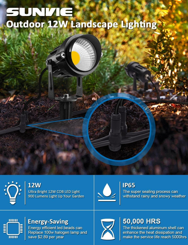 12W Low Voltage LED Landscape Lights with Connectors, Outdoor 12V Super Warm White (900LM) Waterproof Garden Pathway
