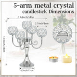 5 Arm Metal Crystal Candelabra Centerpiece - 13.4 Inch Elegant Candle Holder with Crystal Beadsation (2, Silver)