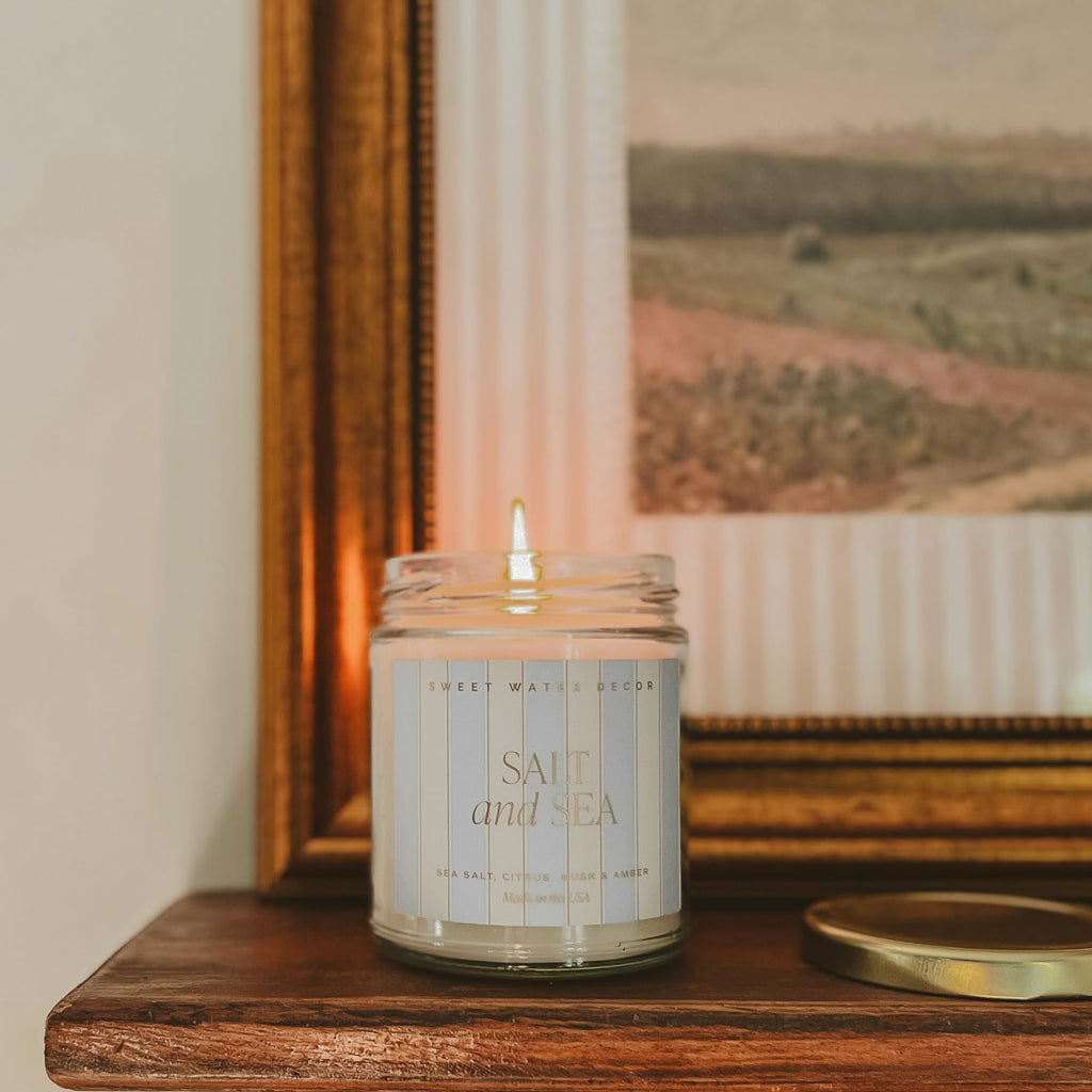 Salt and Sea Patterned Candle - Soy Candles with Sea Salt, Citrus, Musk, Amber Aroma- 40 Hour Burn - 9oz Clear Glass