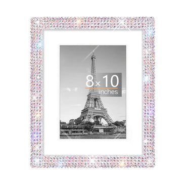 8x10 Bling Picture Frame, Display Pictures 5x7 with Mat or 8x10 Without Mat, Wall Hanging Glitter Shiny Crystal Photo