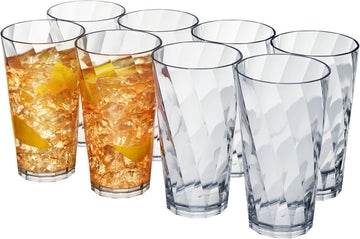 Optix Plastic Reusable Drinking Glasses (Set of 8) 20oz Water Cups in Clear | BPA-Free Tumblers, Made in USA |