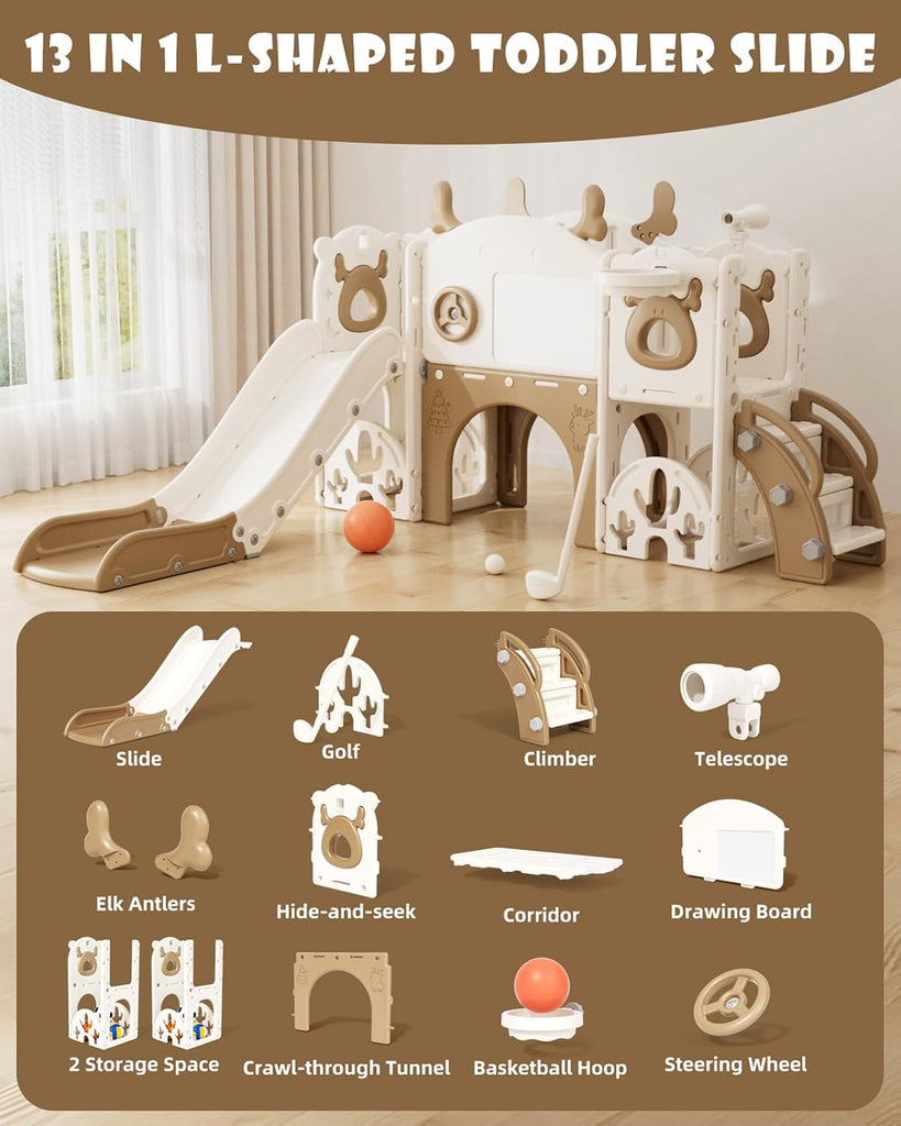13 in 1 Toddler Slide Set, Kids Slide for Toddlers Age 1+ (Brown)