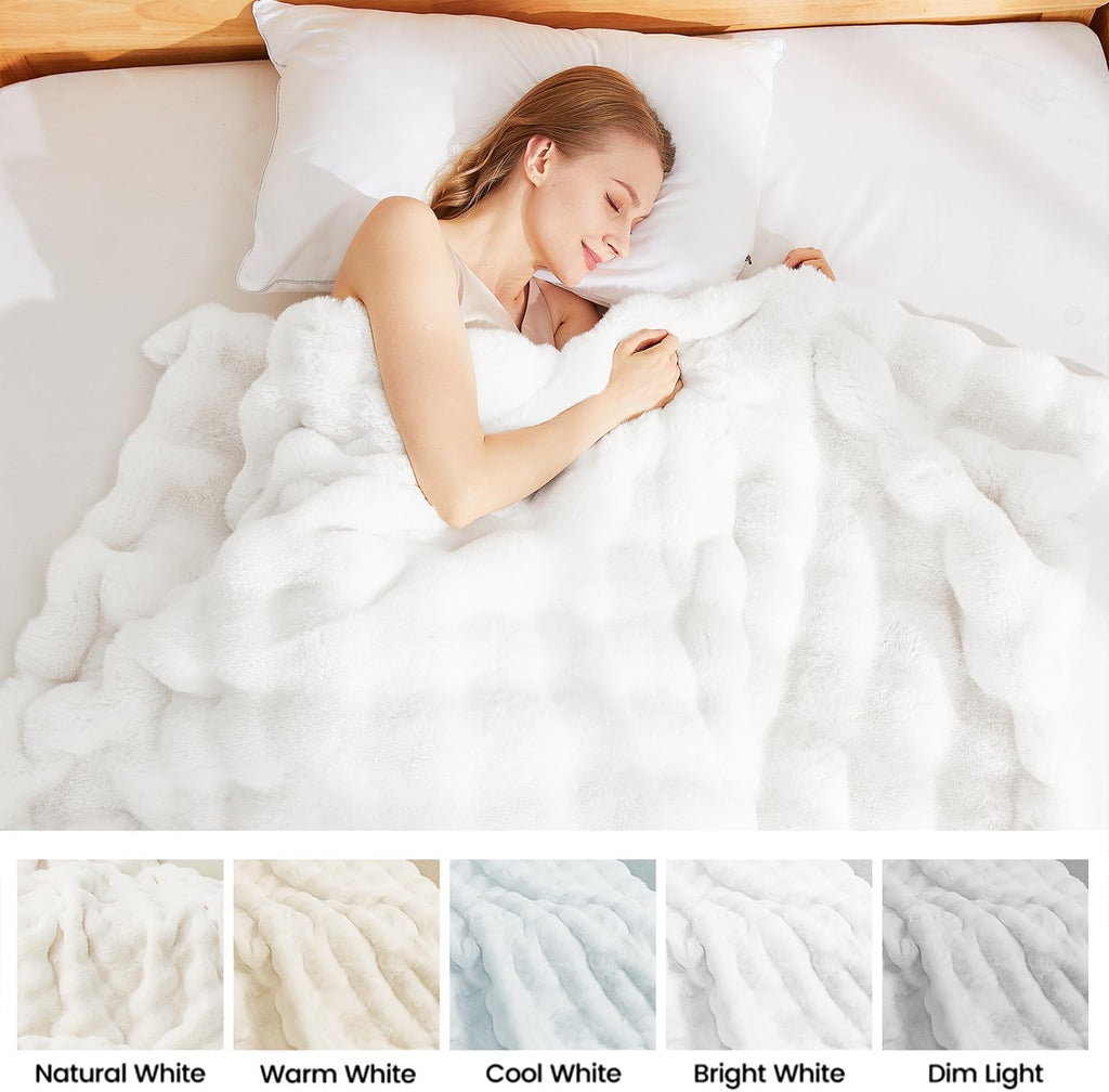 Faux Fur White Blanket Cozy Thick Bubble Throw for Couch Sofa Bedroom Furry Soft Warm Luxury Twin Blanket for Bed
