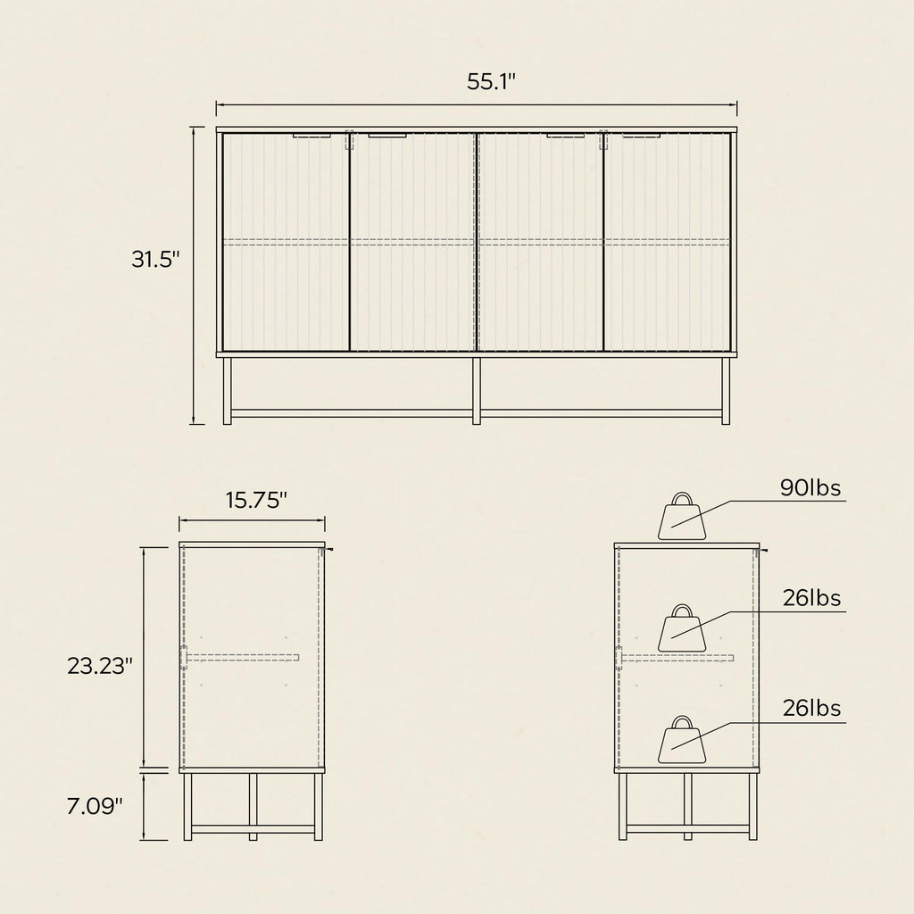 Fluted Storage Cabinet with 4 Doors, 55" Large Sideboard Buffet Cabinet with Adjustable Shelves Kitchen Wooden