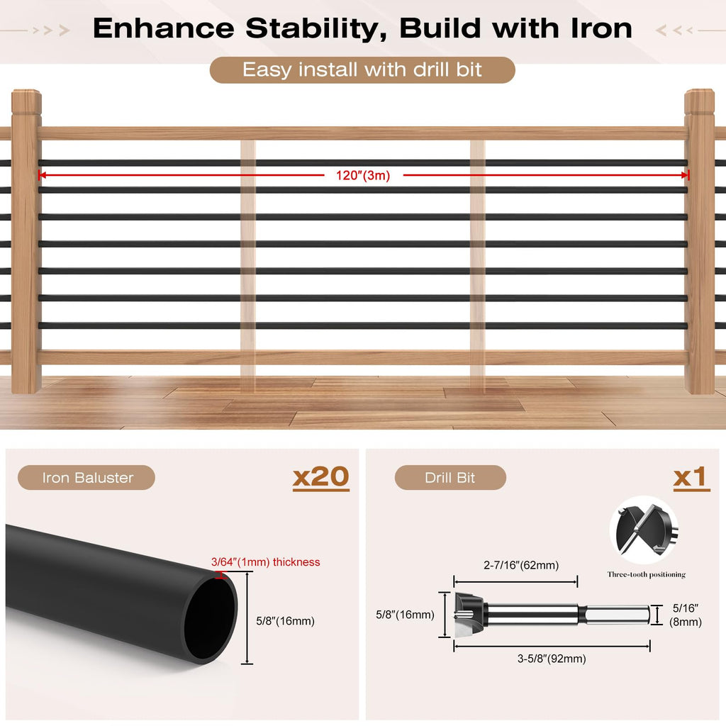 20 Pack 10 ft 5/8 Inch Round Iron Horizontal Stair Balusters, Black