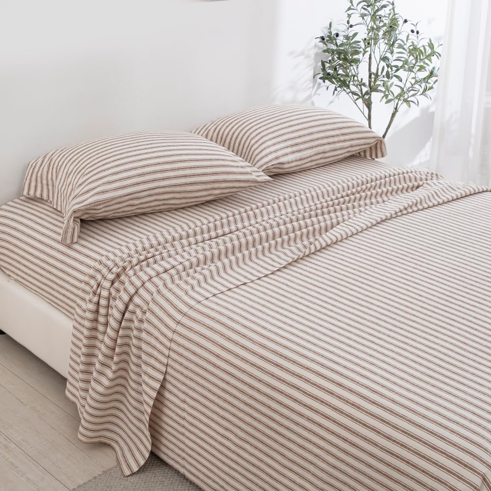 King Size Linen Blend Sheets Set, 55% Linen 45% Cotton Bedding Sets, Bedlinen Up to 16" Deep, Striped Tobacco Brown