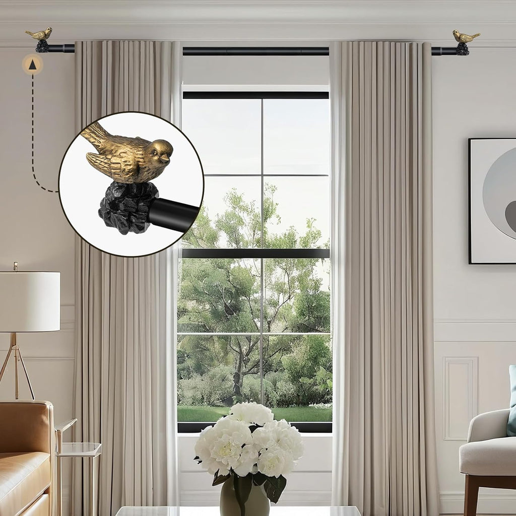 Vintage Black Curtain Rod Curtain Rods for Windows Adjustable Heavy Duty Drapery Rod with Gold Bird