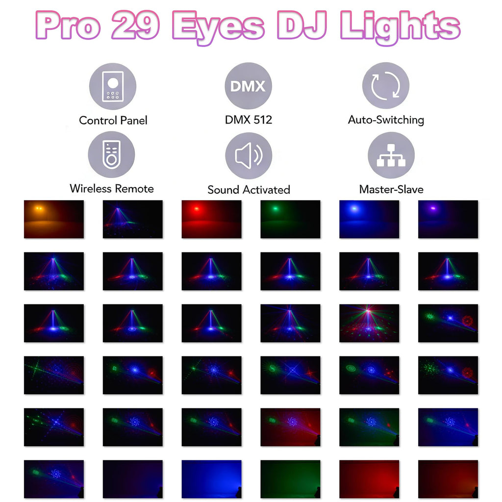 DJ Lights for Parties, Disco Lights DMX and Sound Activated Stage Light, 29-Eyes LED Stage Lighting for Parties