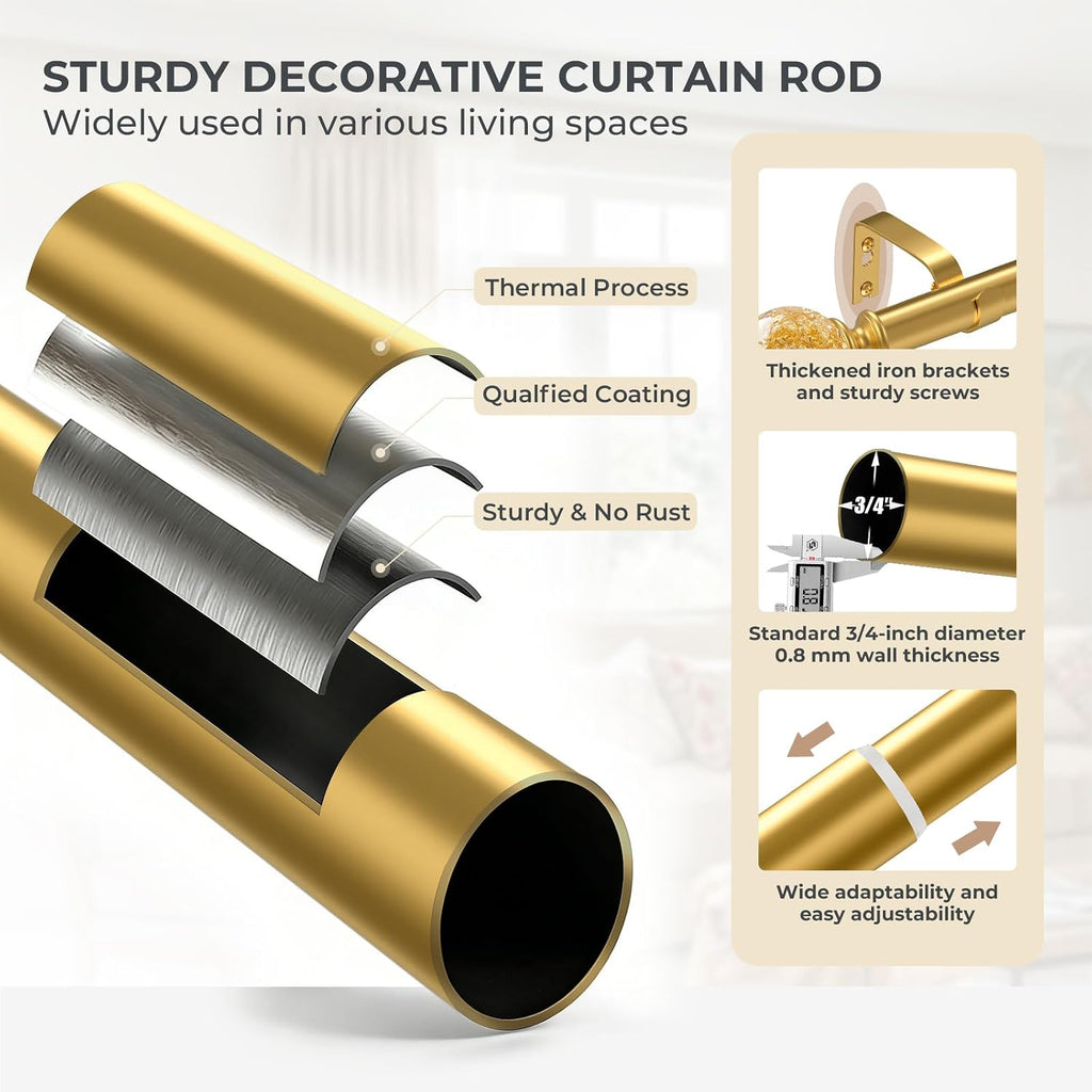 Gold Decorative Crystal Curtain Rods:36-88 Inch Heavy Duty Adjustable Window Curtains Rods for Bedroom Living Room