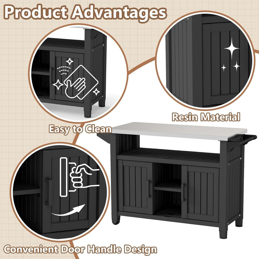 Outdoor Storage Cabinet, Patio Storage Table, Bar Table with Wheels, Outdoor Bar Cart, Poolside and Backyard, Classic