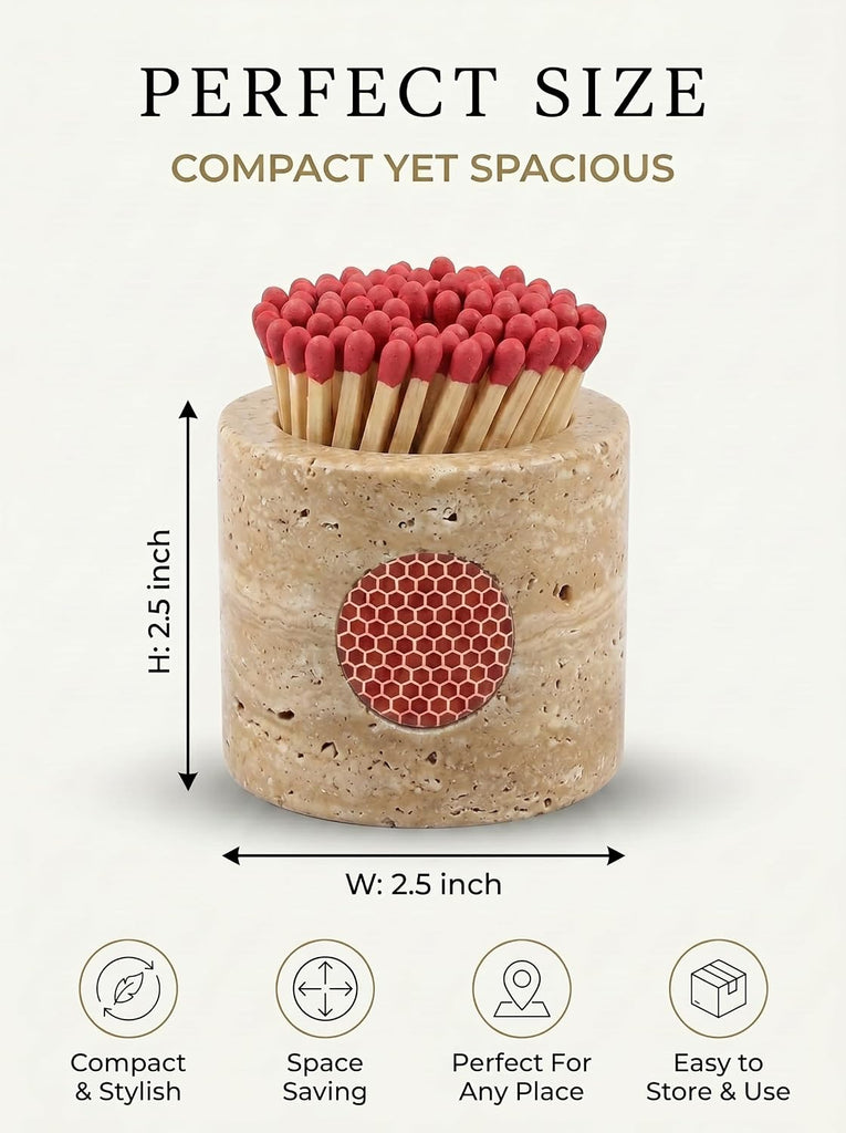 Travertine Stone Match Holder with Striker - 2.5" Decorative Matchstick Organizer for Fireplace, Candles, Parlor Cute