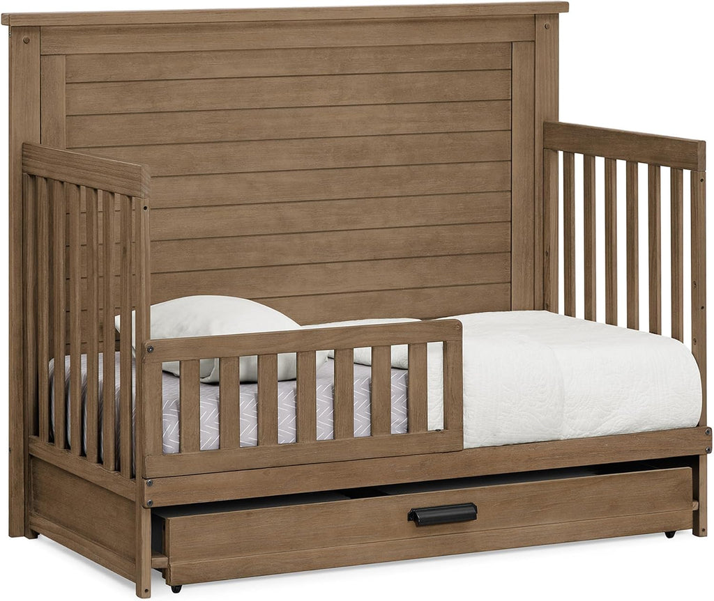 Simmons Kids Caden 6-in-1 Convertible Crib with Trundle Drawer, Greenguard Gold Certified, Aged Oak
