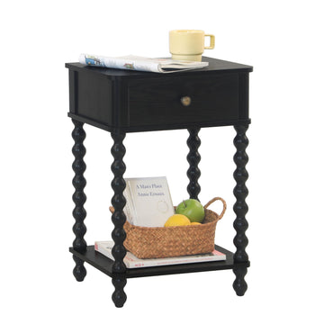 Black Nightstand, Bedroom Side Table with Drawer, Small Bedside End Table with Spindle Wood Legs, Black