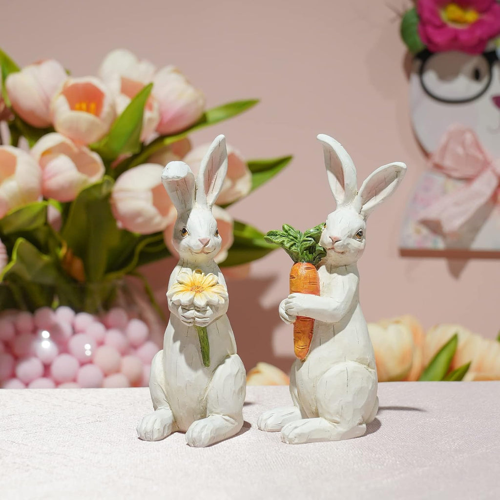 Easter-Decorations Bunny-Decor Spring-Figurines Table-Centerpiece - Spring Decorations Resin Rabbits with Carrot - Set of 2