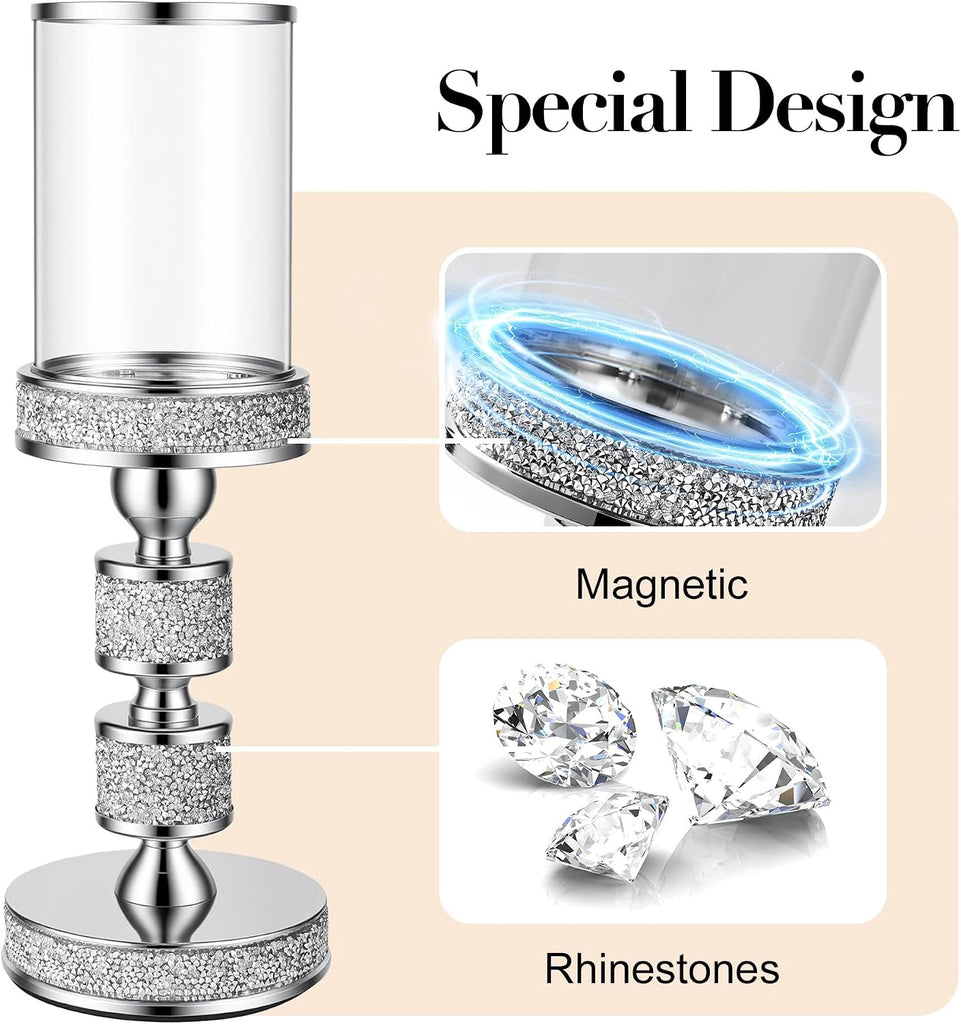 Hurricane Candle Holder, 13.5" Tall Metal Candle Stand, Glass Pillar Candle Holders, Crystal Silver Decorative