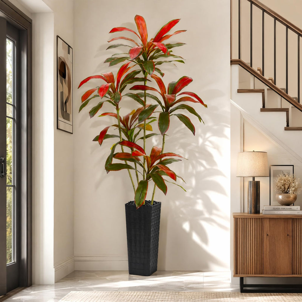 Artificial Red Dracaena Tree 7FT / Black Planter, Faux Plants Indoor