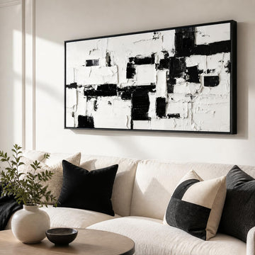 Black and White Abstract Canvas Wall Art 40X20in Modern Minimalist Textured Painting Print with Black Frame, Large