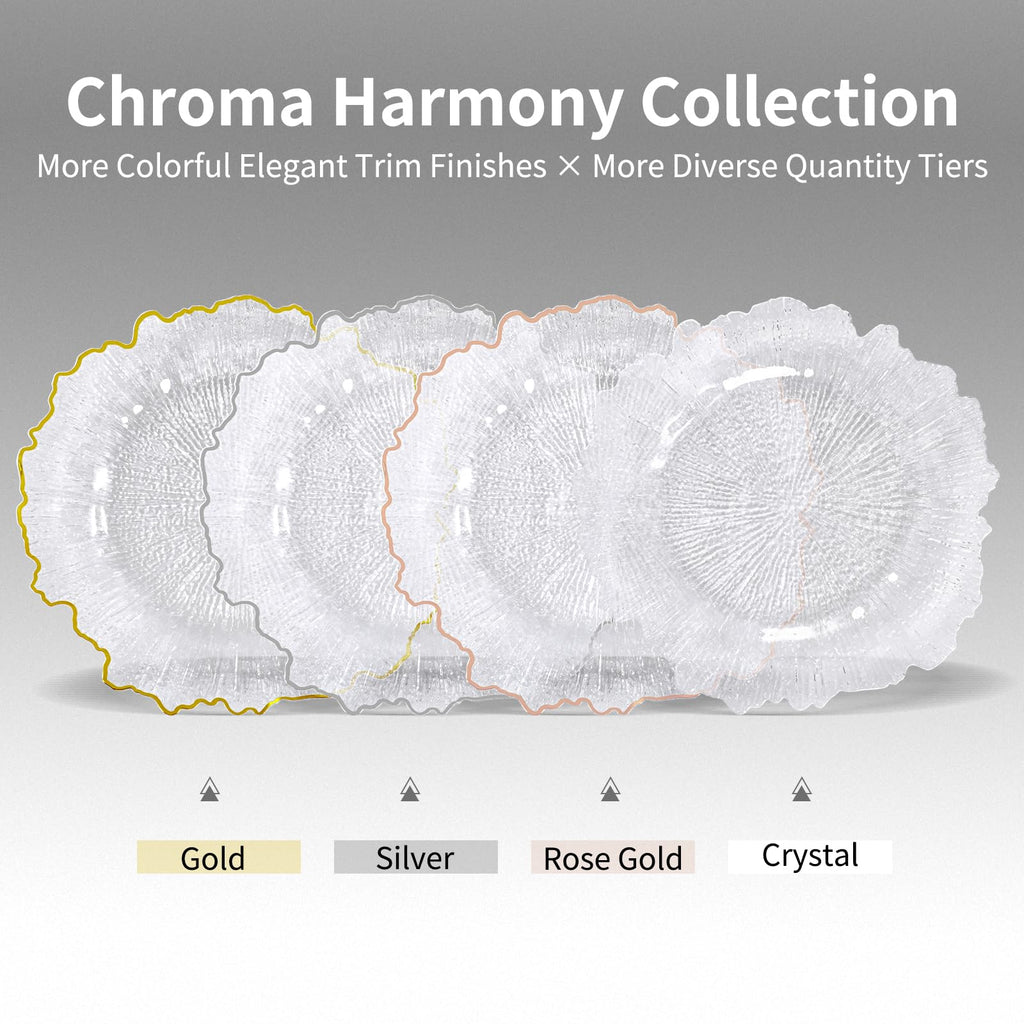 100Pcs Clear Charger Plates Bulk Wedding - 13" Premium Plastic Ruffled Silver Rim Chargers with Flora Reef