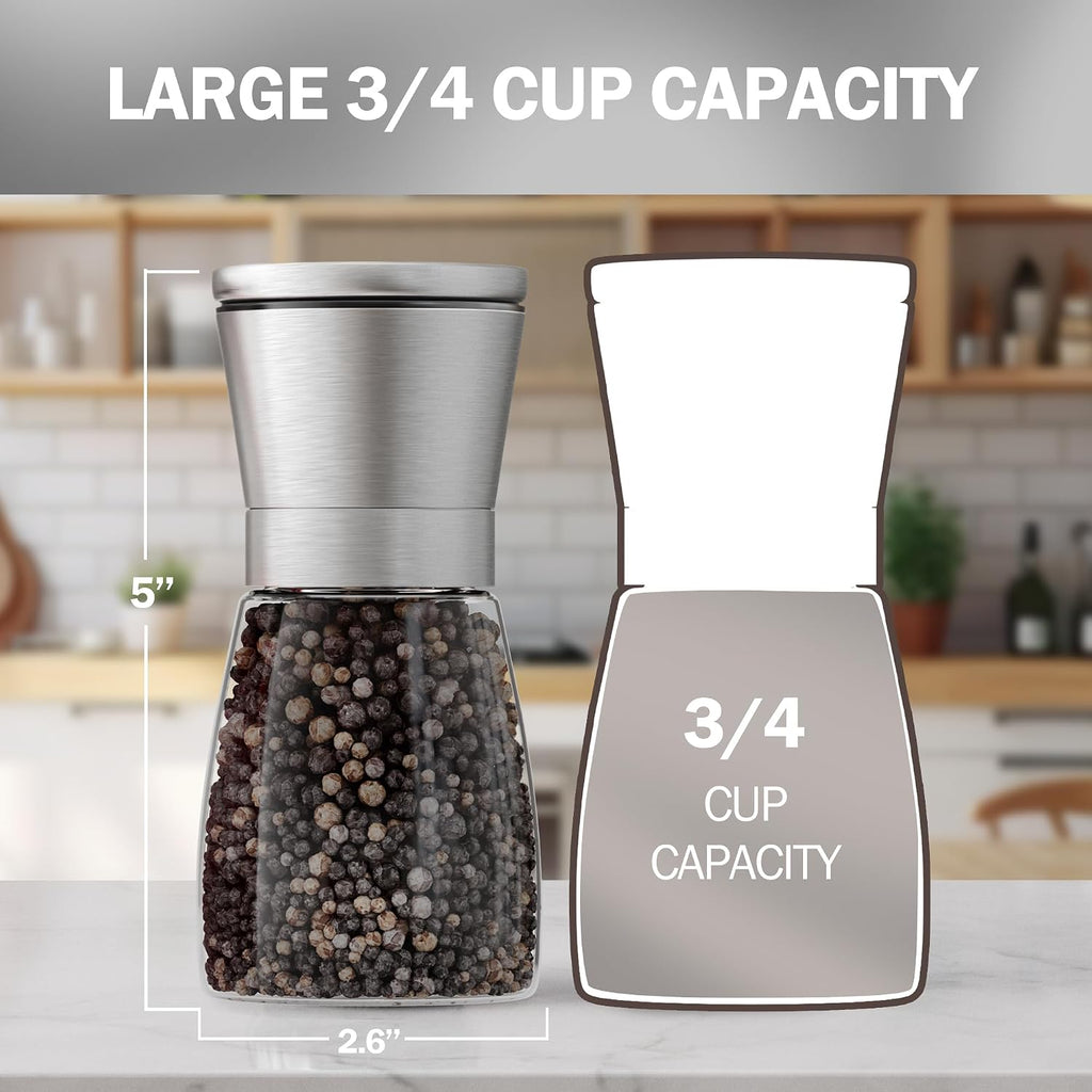Original Stainless Steel Sea Salt and Pepper Grinder - Adjustable Ceramic - Glass Salt and Pepper Shakers - Set of 2