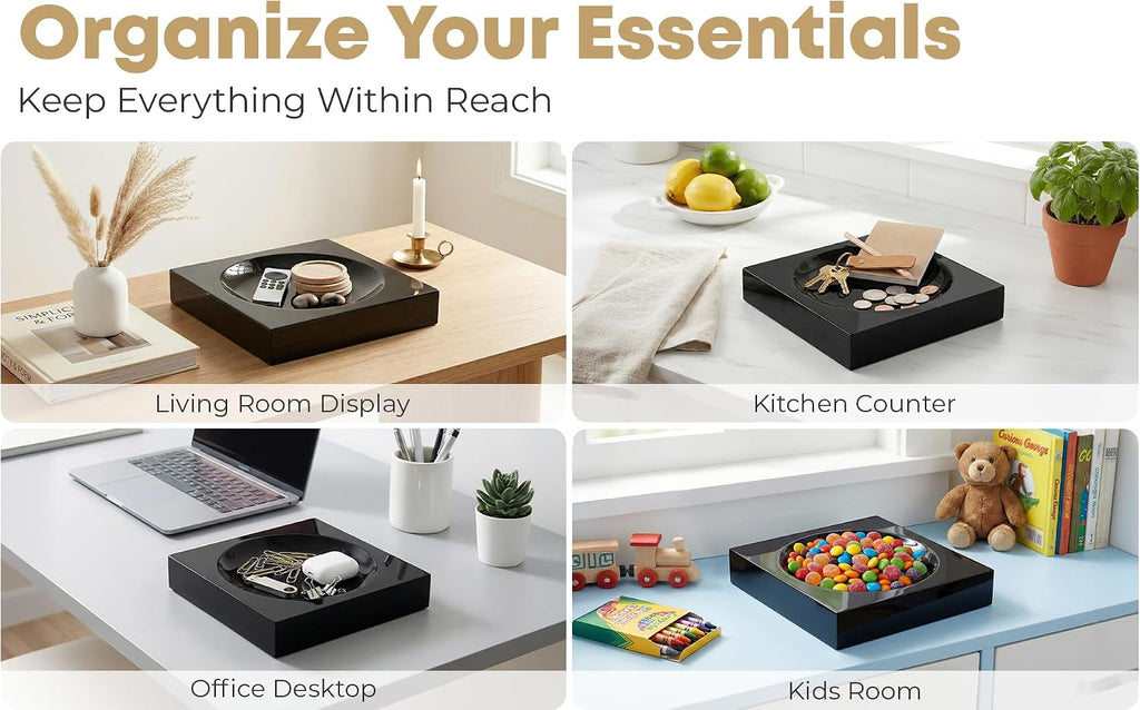 Black Acrylic Catchall Tray - Decorative Jewelry Dish & Vanity Organizer for Keys, Rings, Earrings | Modern