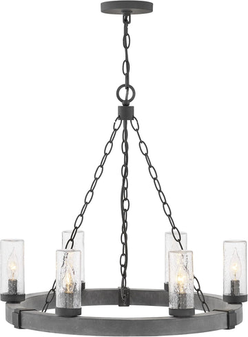 Sawyer Six Light Medium Outdoor Chandelier, Aged Zinc