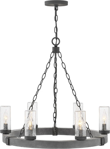 Sawyer Six Light Medium Outdoor Chandelier, Aged Zinc