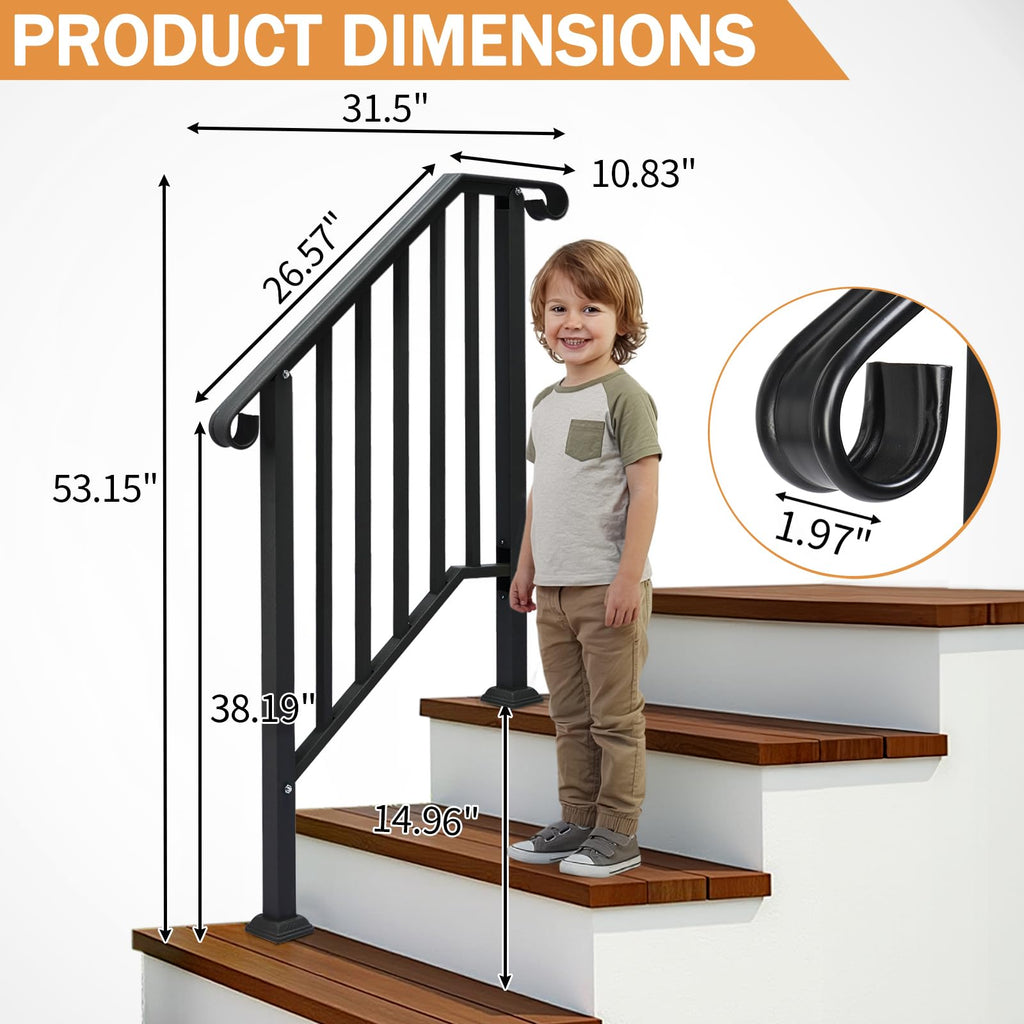Handrails for Outdoor Steps, Black Wrought Iron Handrail Fits 2 or 3 Steps, Transitional Handrail with Installation