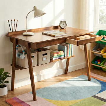 Solid Wood Writing Desk, Home Office Writing Desk for Small Spaces, Mid Century Modern Desk with 2 Drawers & Storage