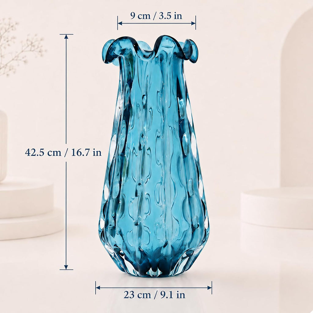 16.7" H Turquoise Glass Vase, Hand Blown Wide Mouth Teal Blue Glass, Murano Style Modern Art, Art Deco Contemporary