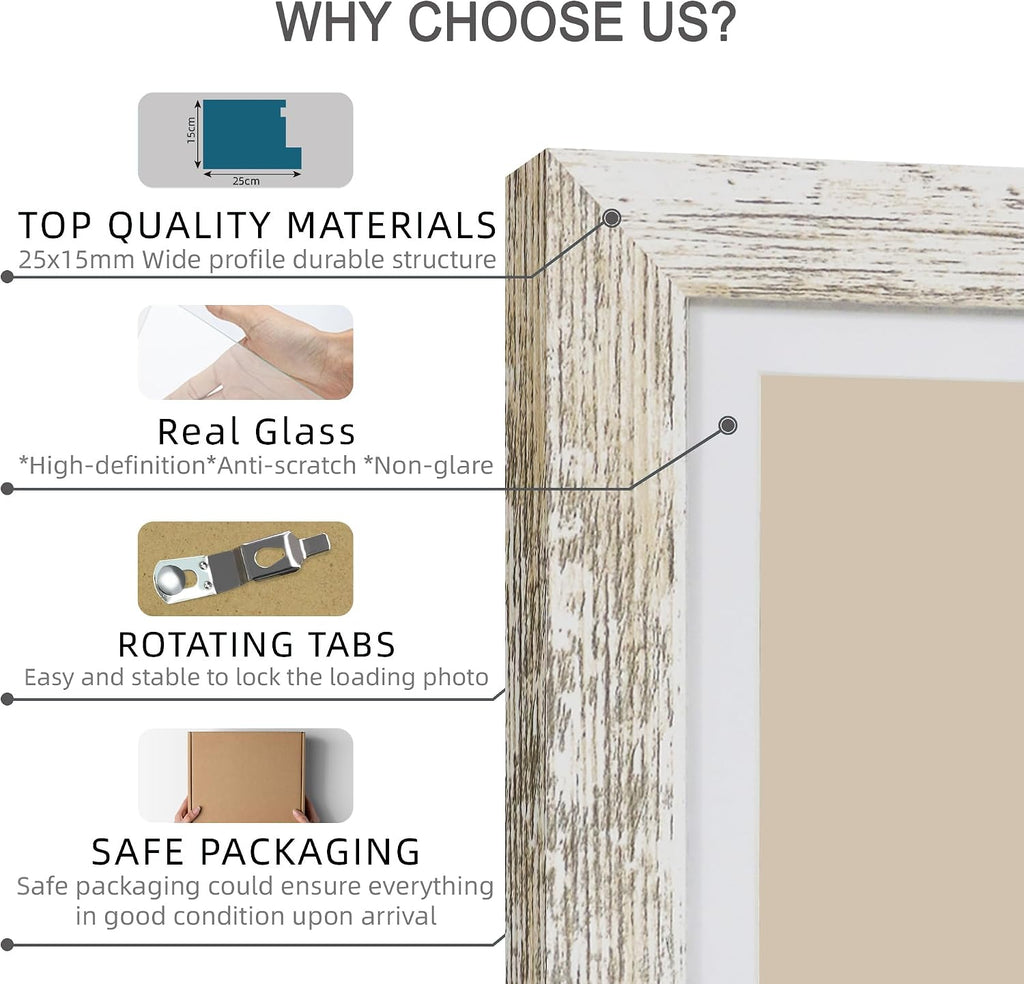 11x14 Picture Frame Set of 4, Made of Glass and Distressed White Wooden Frame, Display 8x10 Pictures with Mat or 11 x